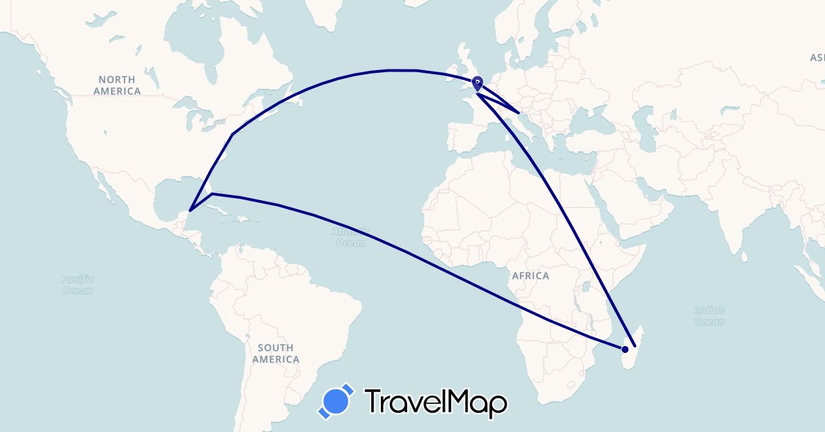 TravelMap itinerary: driving in France, United Kingdom, Italy, Madagascar, Mexico, United States (Africa, Europe, North America)